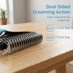 Dual sided pet grooming rake showing nine and seventeen tooth sides