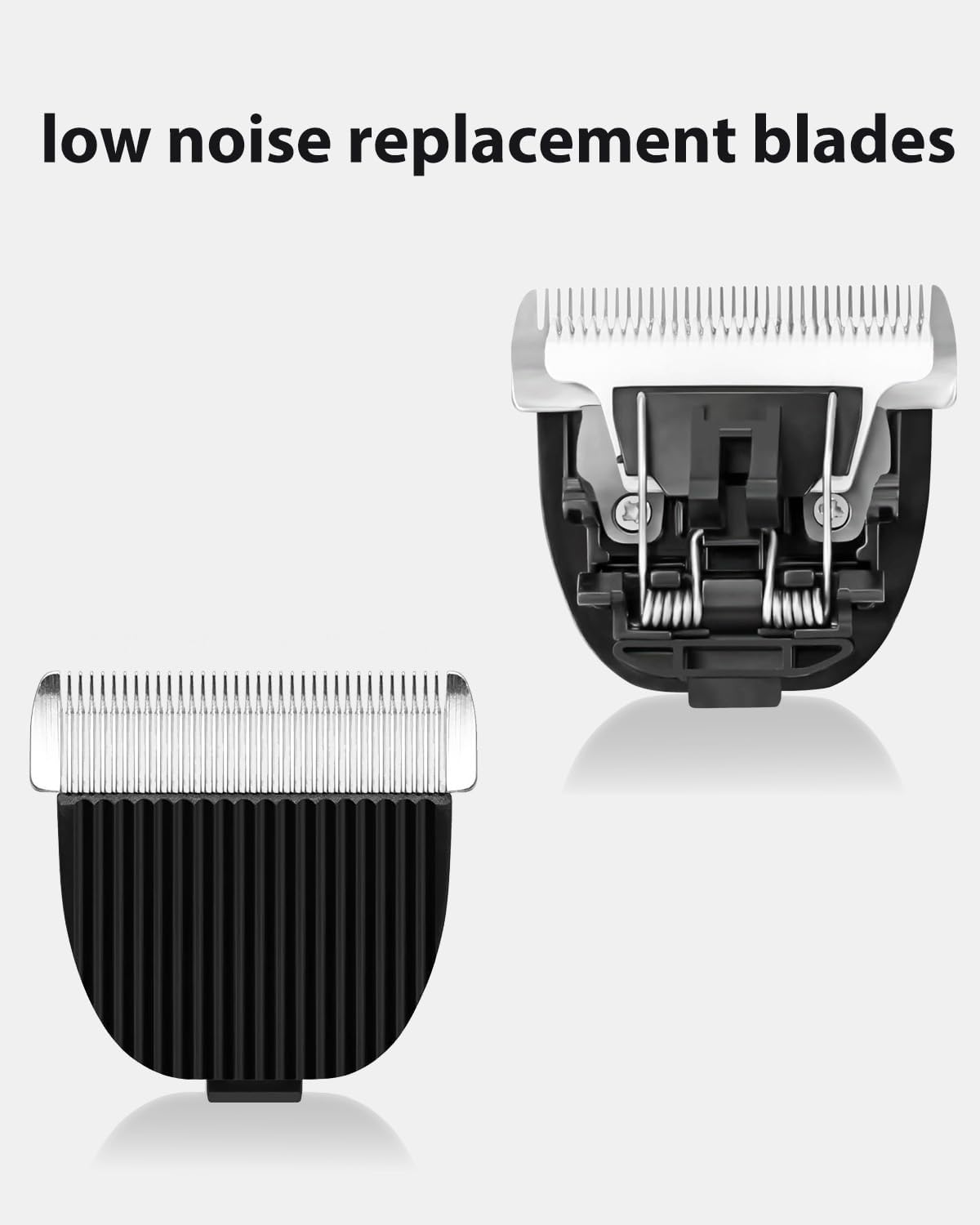 Detachable low noise pet hair vacuum clipper blades with cleaning brushes.