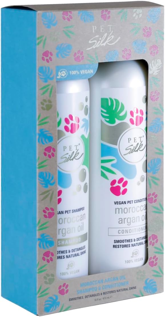 Pet Silk vegan pet conditioner with Moroccan argan oil for dog and cat coat care.
