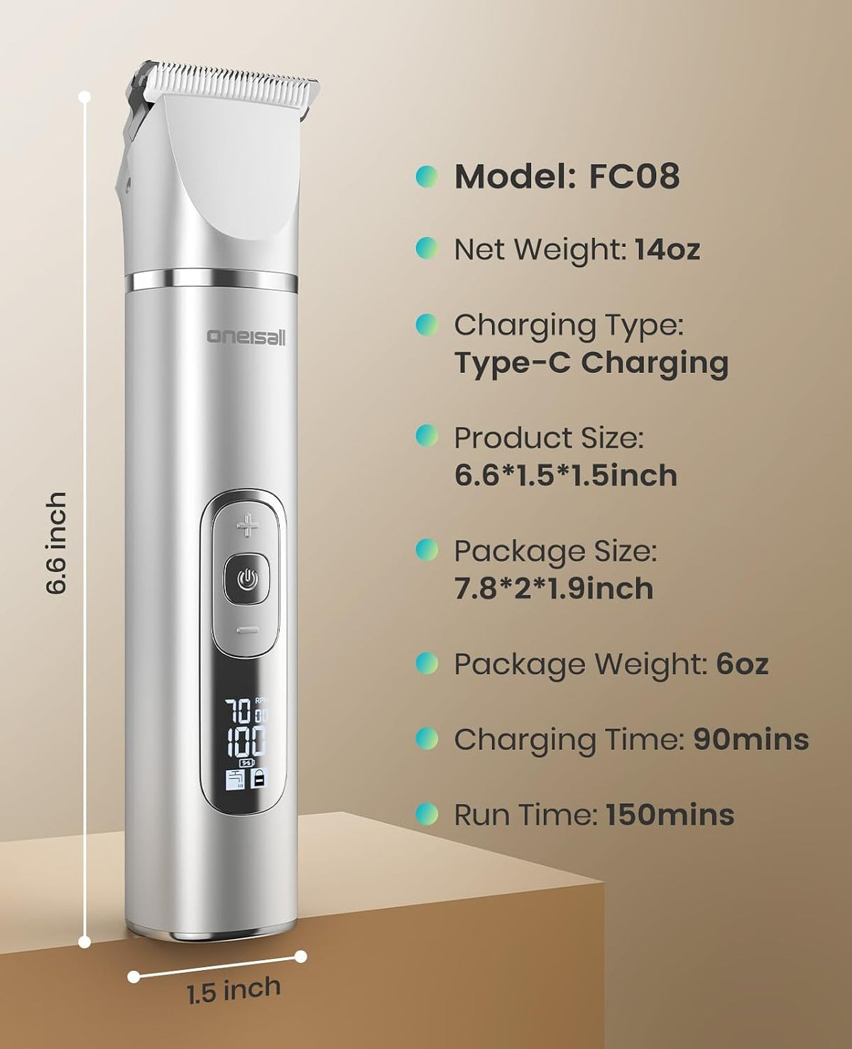 oneisall 4 in 1 Dog Grooming Kit with LCD Display, Dog Hair Trimmer for Paw Nail Grinder, Rechargeable Cordless Low Noise IPX7 Waterproof Pet Clippers - Image 9