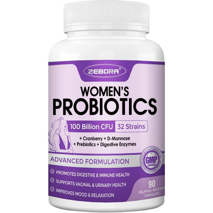 ZEBORA Probiotics for Women 90 capsules front view bottle showing 100 Billion CFUs