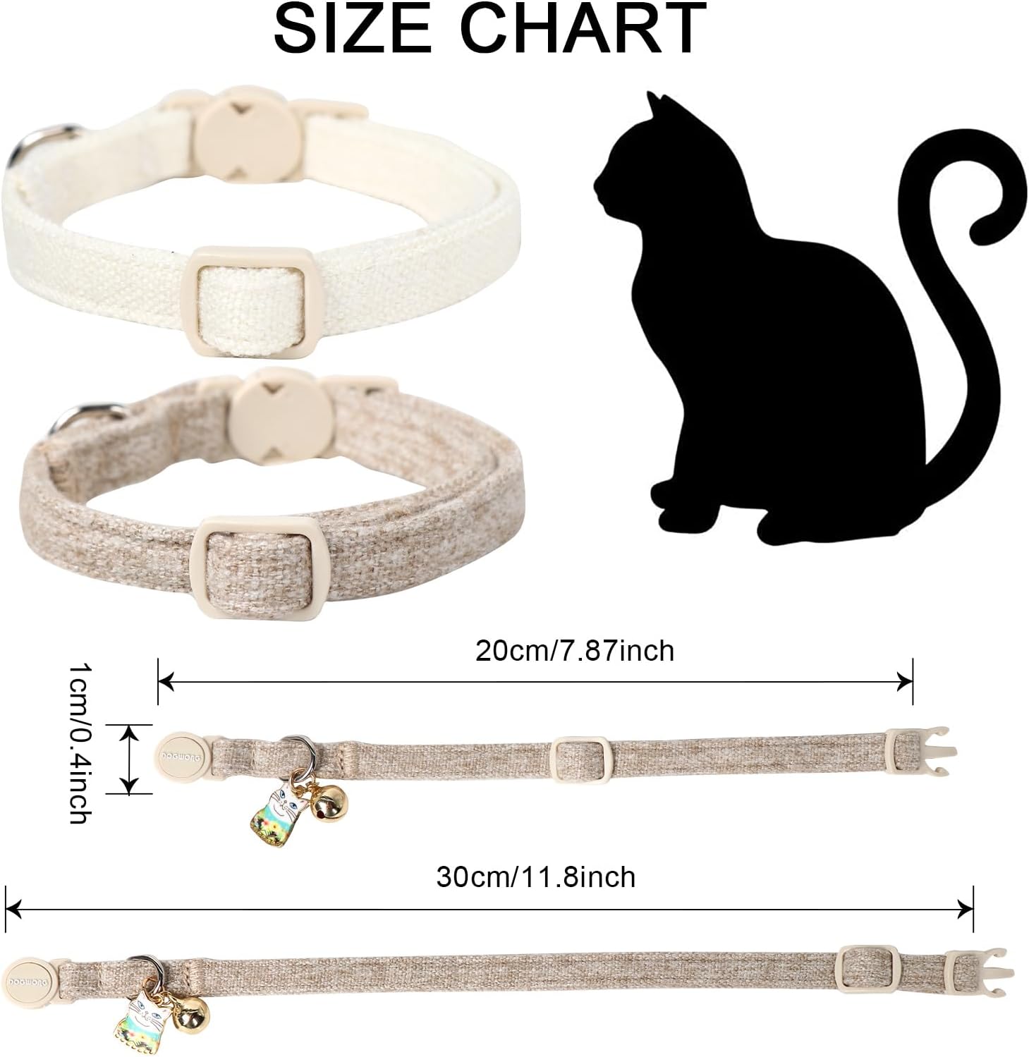 DOGWONG two pack white cotton hemp collars displayed flat showing the removable charm bells.