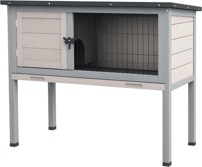 PawHut Elevated Wooden Rabbit Hutch, Indoor/Outdoor Bunny Cage with Hinged Asphalt Roof and Removable Tray for Guinea Pig, Light Gray - Image 1