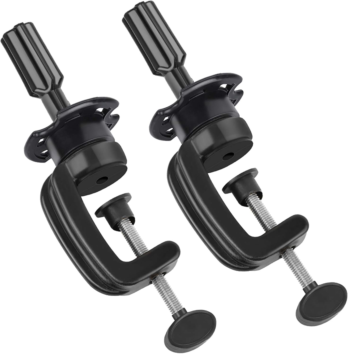 Teenitor 2 pack cosmetology manikin stand front view displaying the secure black C-shaped desk mount design.