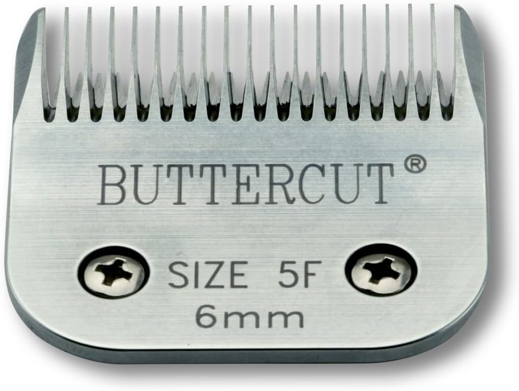 Geib Buttercut professional pet grooming blade showing the red text and universal A5 attachment mechanism.