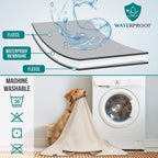 Waterproof pet bedding safeguarding car back seats during travel with dogs.