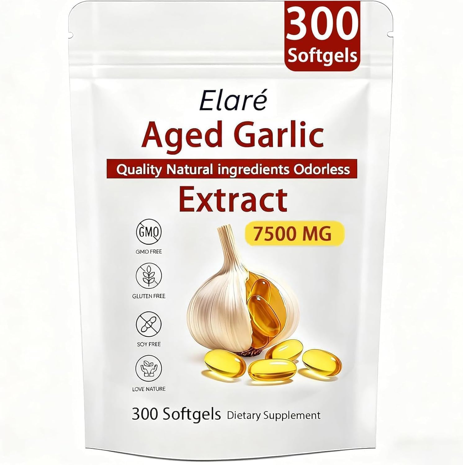 ELARE Aged Garlic Extract 7500mg 300 softgels bottle front view showcasing premium cardiovascular supplement.
