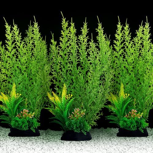 QUOZUO green fish tank decorations showing the three piece artificial cypress set.