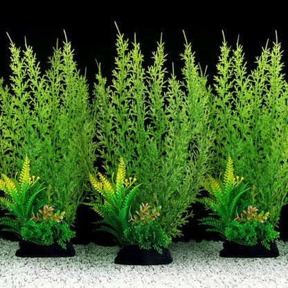 QUOZUO green fish tank decorations showing the three piece artificial cypress set.