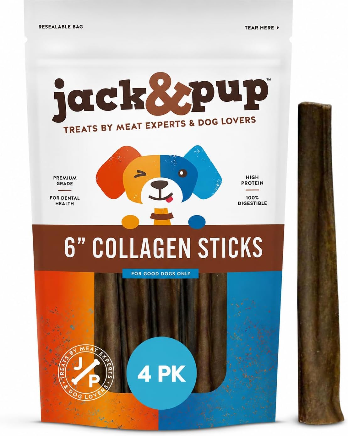 Jack and Pup brand beef collagen sticks in resealable bag