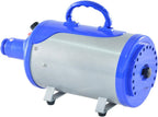 Blue SHELANDY dog force dryer showing the four interchangeable styling nozzle attachments and filter