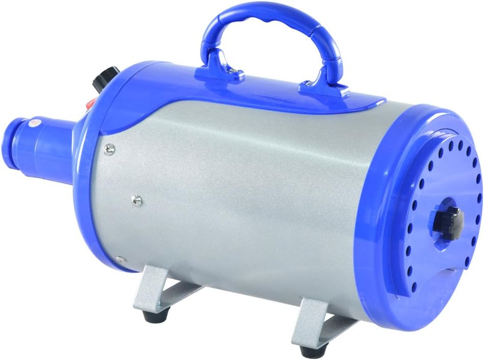 Blue SHELANDY dog force dryer showing the four interchangeable styling nozzle attachments and filter