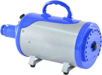Blue SHELANDY dog force dryer showing the four interchangeable styling nozzle attachments and filter