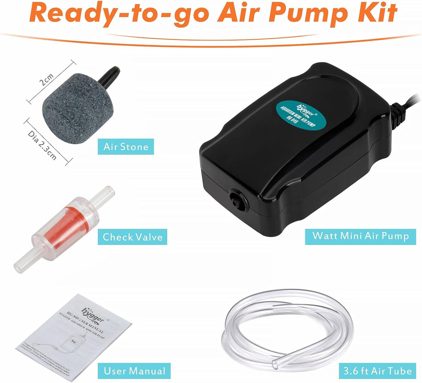 Hygger aquarium air pump kit packaging and included components