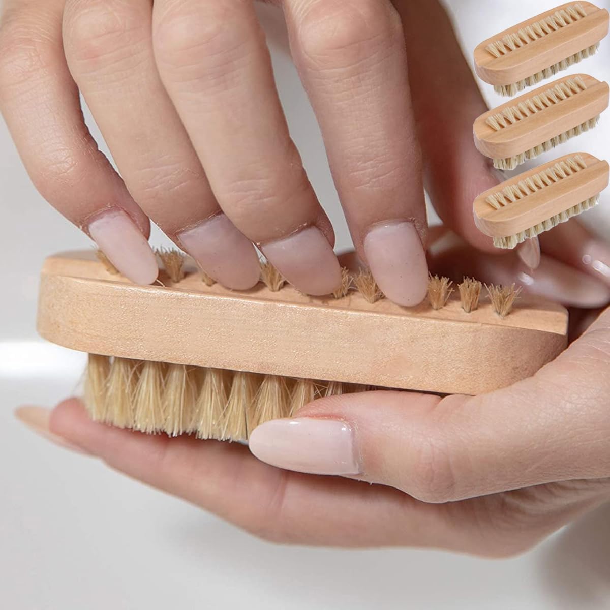 Generic wooden double sided nail cleaning brush front view showcasing natural wood grain and nylon bristles for manicure care.