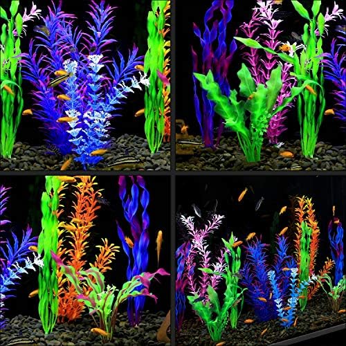 MyLifeUNIT blue seaweed decorations providing coverage and hiding spots for fish in a large tank.