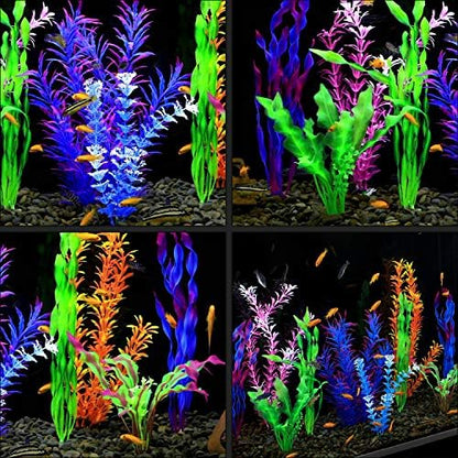 MyLifeUNIT blue seaweed decorations providing coverage and hiding spots for fish in a large tank.