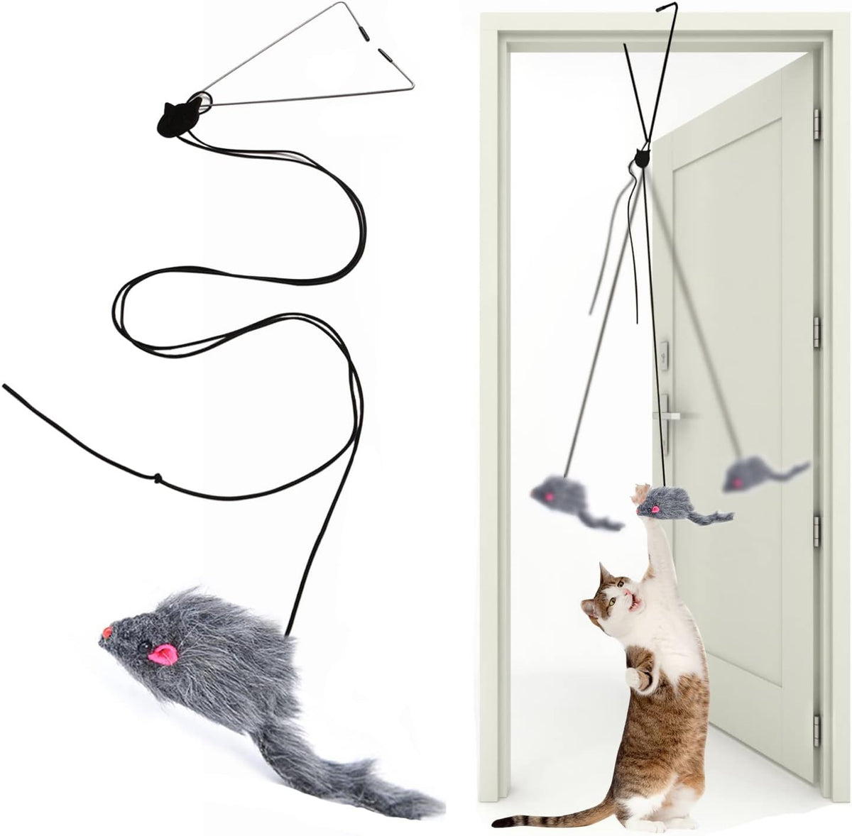 Kalimdor interactive cat feather toy front view hanging from a door frame.