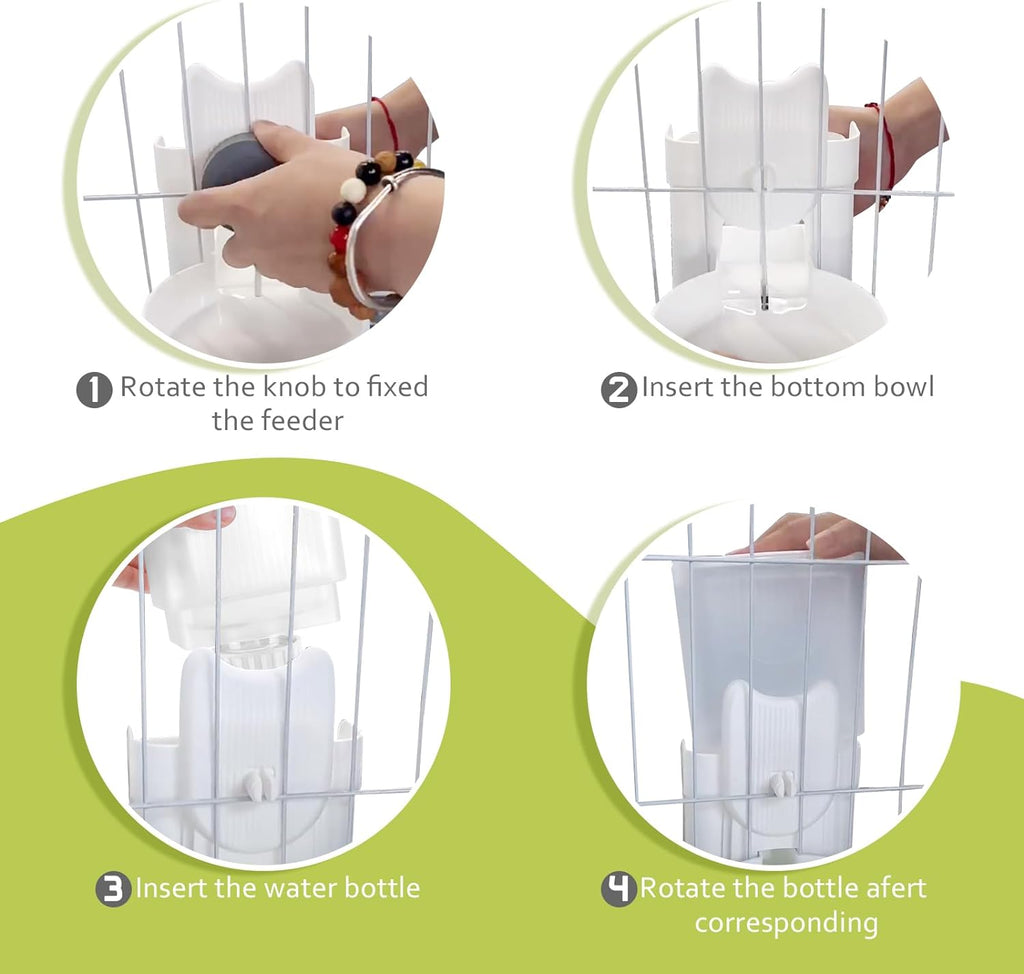 Dual view of both the waterer siphon mechanism and the food bowl showing the mess-free elevated design for puppies and cats.