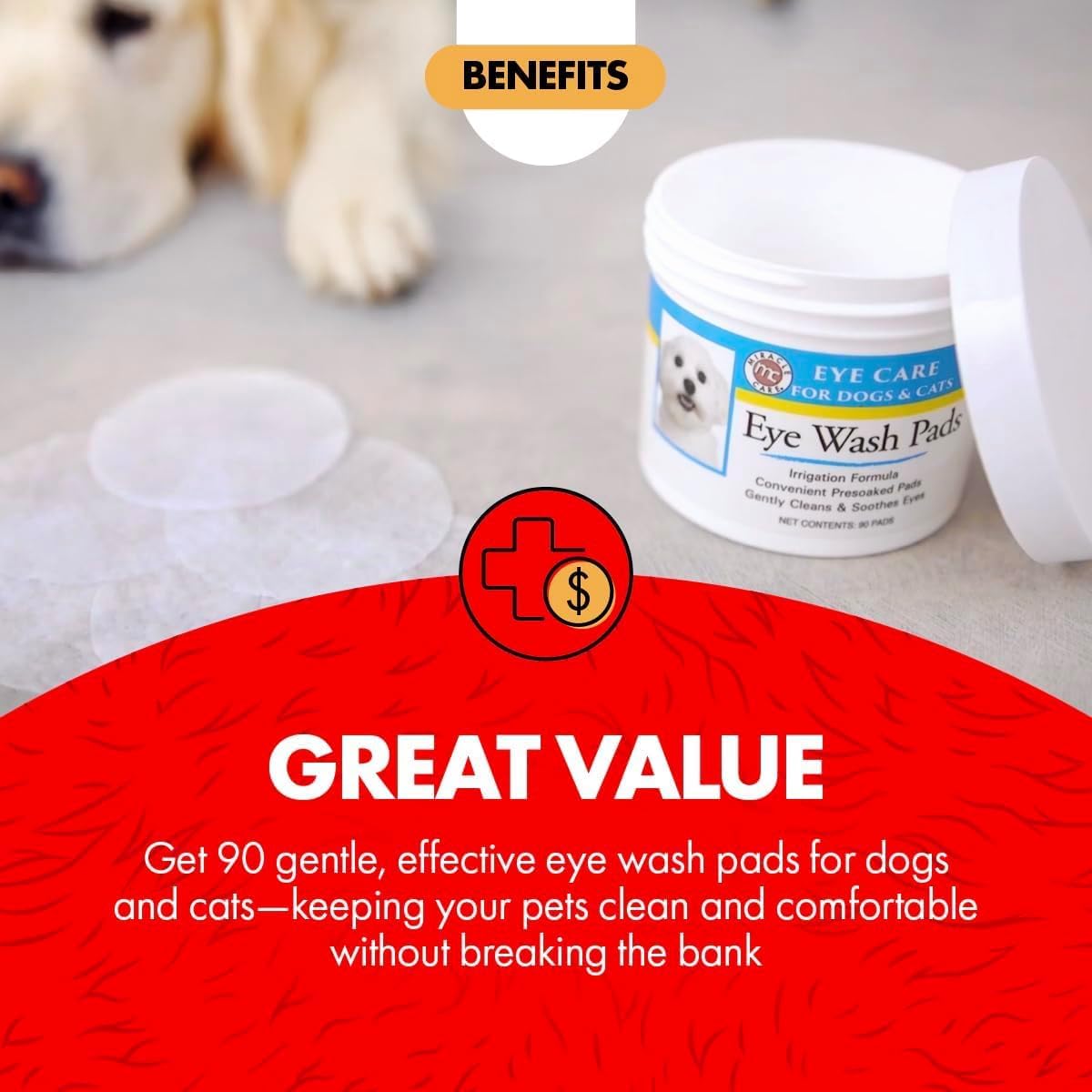 Pre soaked cotton pet eye wash pads inside container