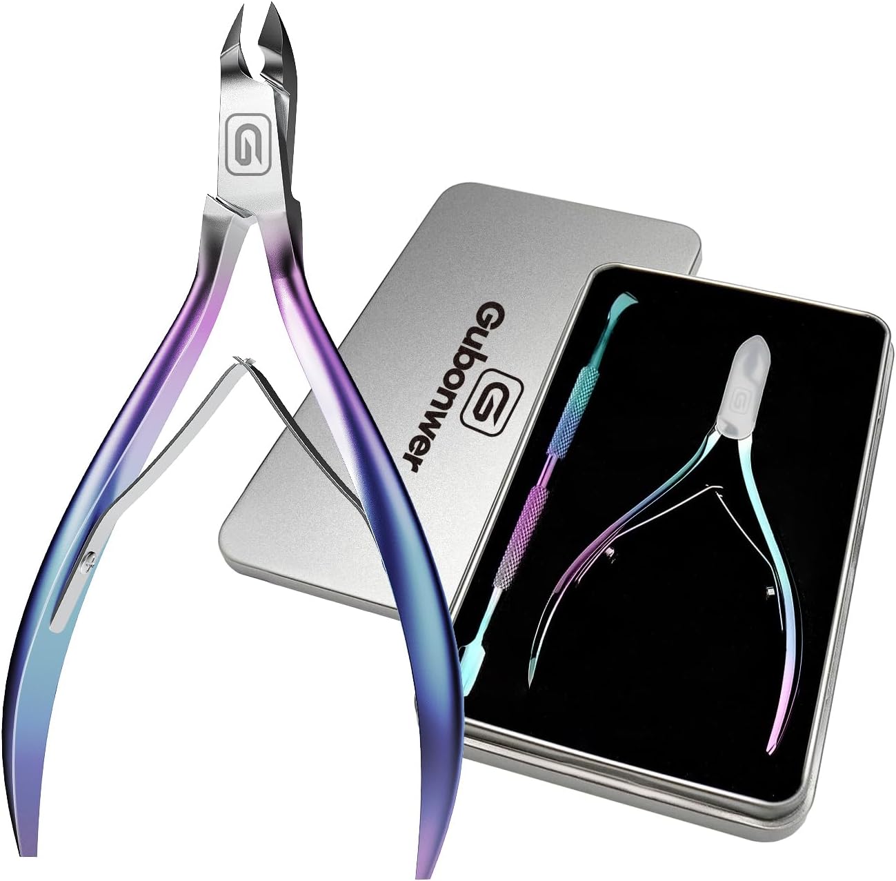 Gubonwer professional cuticle trimmer and pusher set inside a sleek metal storage tin box front view