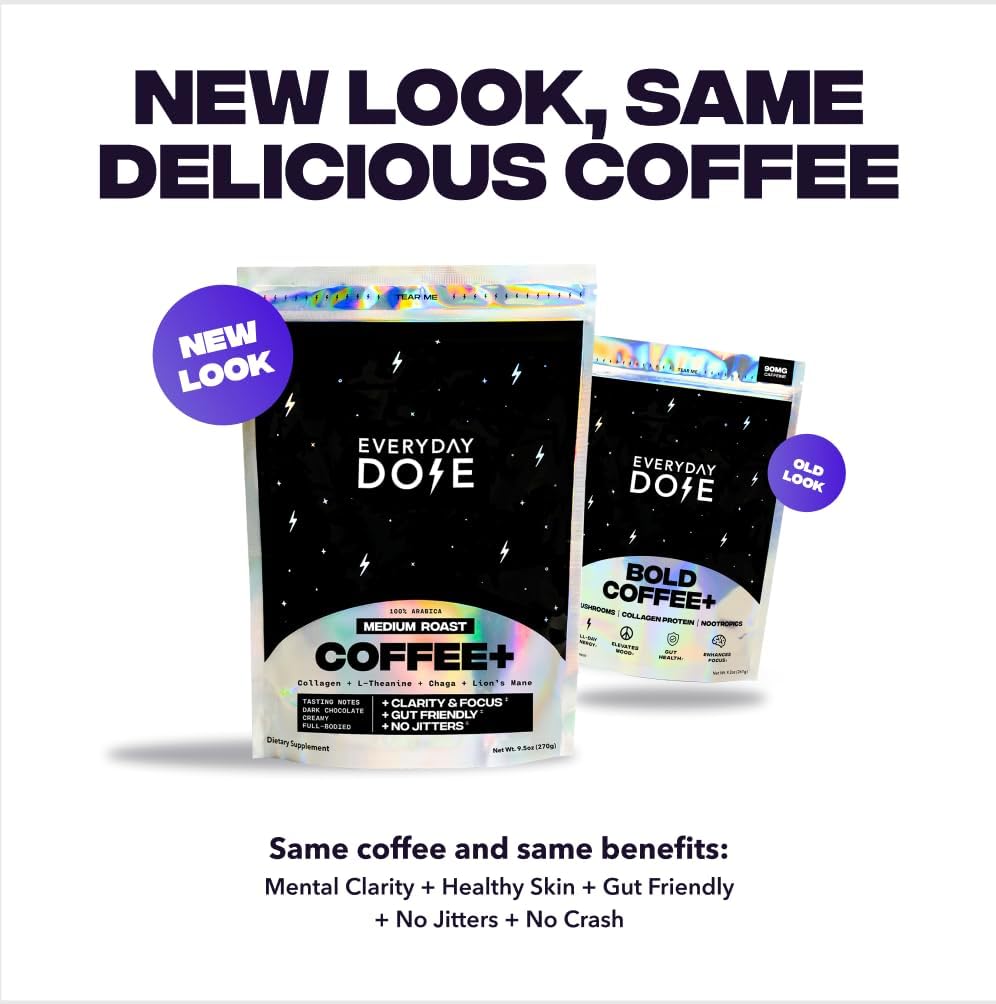 Everyday Dose Bold Medium Roast Mushroom Coffee 90mg Caffeine per serving with Grass-Fed Collagen, Chaga, Lions Mane & L-Theanine for Better Focus, Energy, Digestion, Skin, and Immunity 30 Servings - Image 7
