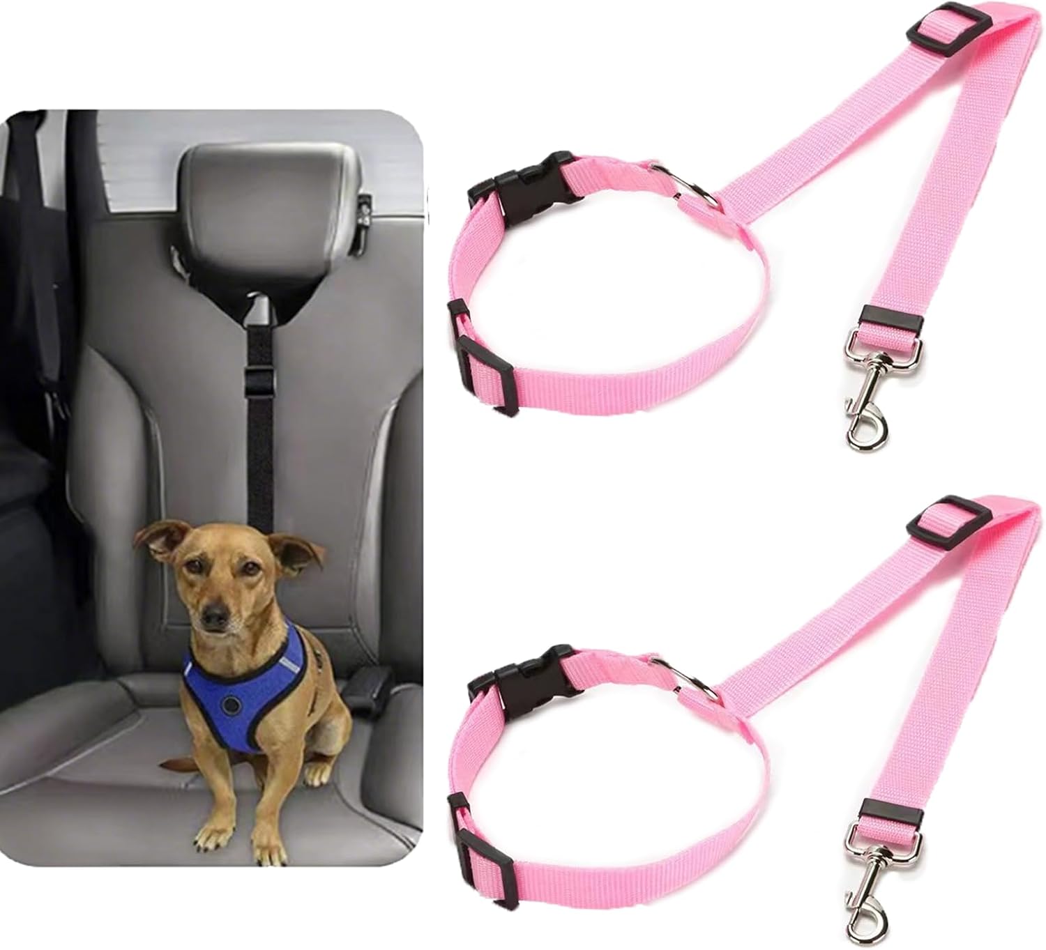 Pet safety seat belt connected to a harness in vehicle