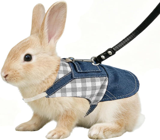 FurryShell escape proof rabbit harness and leash set front view on a pet showing grid gray pattern.