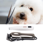 Handheld view of the silent rechargeable dog trimmer illustrating the bright LED screen indicating battery levels