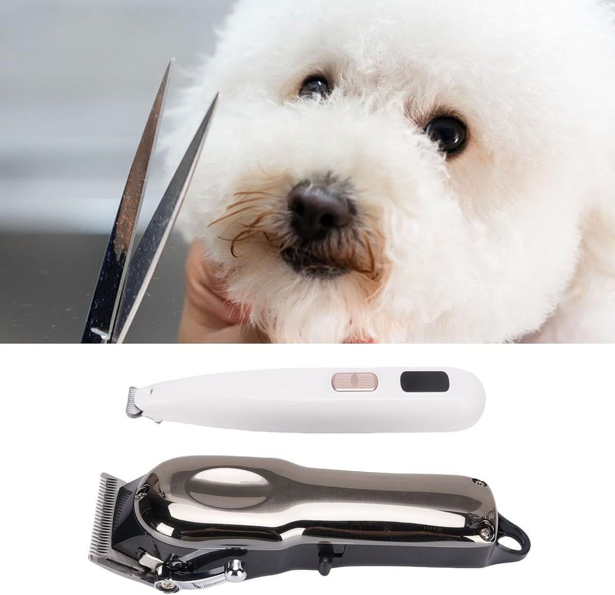 Handheld view of the silent rechargeable dog trimmer illustrating the bright LED screen indicating battery levels