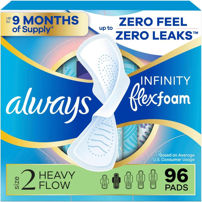 Always Infinity FlexFoam Size 2 pads 96 count front packaging view