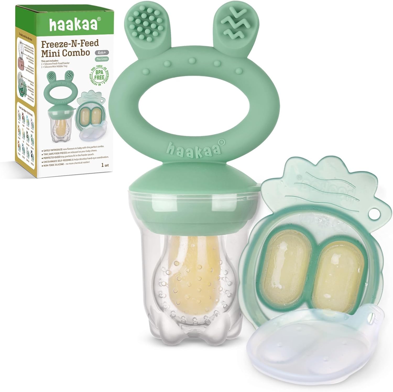 Haakaa baby fruit food feeder and mini freezer tray in pea green