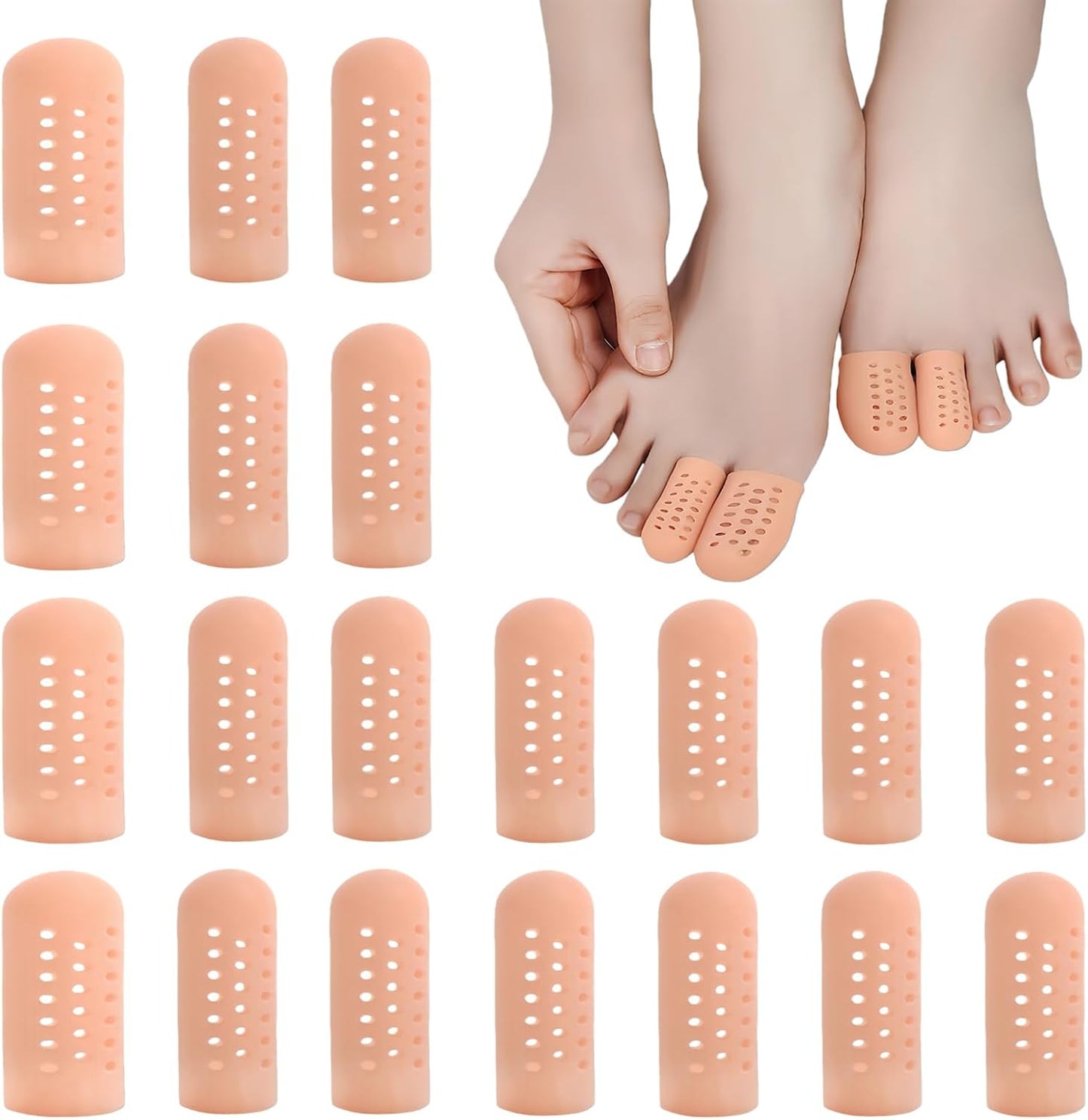 GoldenLife Gel Finger Cots front view showing twenty nude colored silicone finger protectors with air holes.