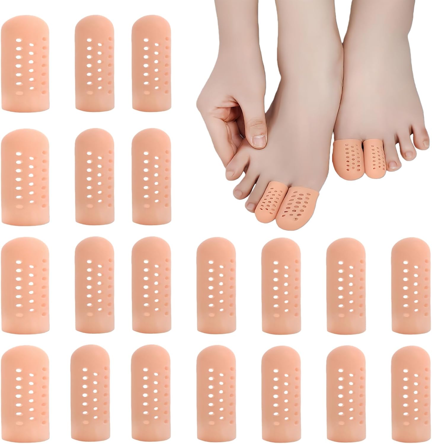 GoldenLife Gel Finger Cots front view showing twenty nude colored silicone finger protectors with air holes.