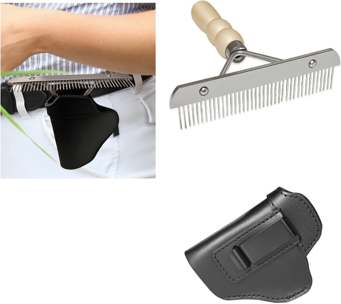Blulu leather comb holder and mini fluffer set front view