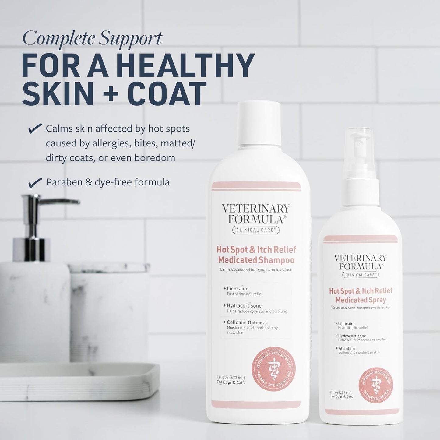 Veterinary Formula anti itch shampoo and spray duo for dog and cat allergy relief.