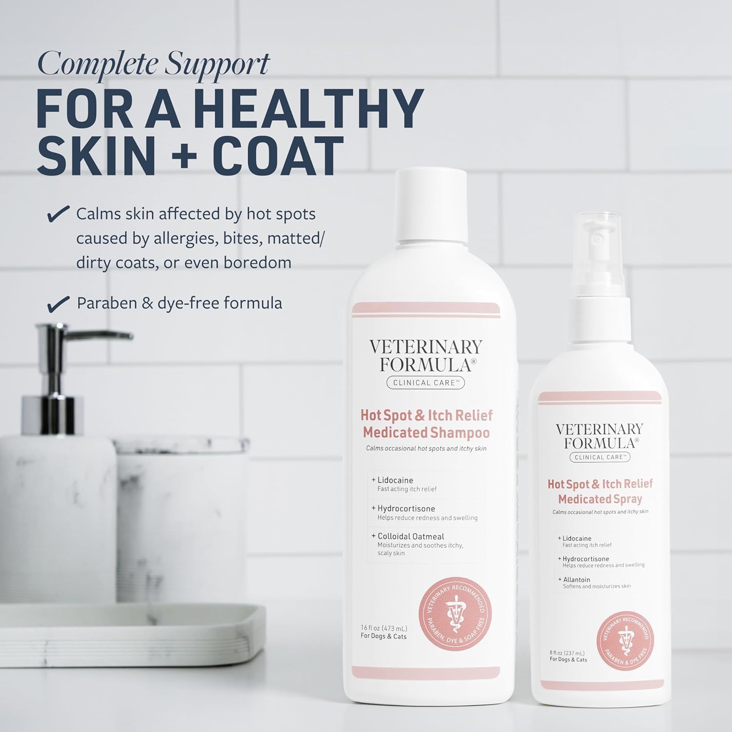 Veterinary Formula anti itch shampoo and spray duo for dog and cat allergy relief.