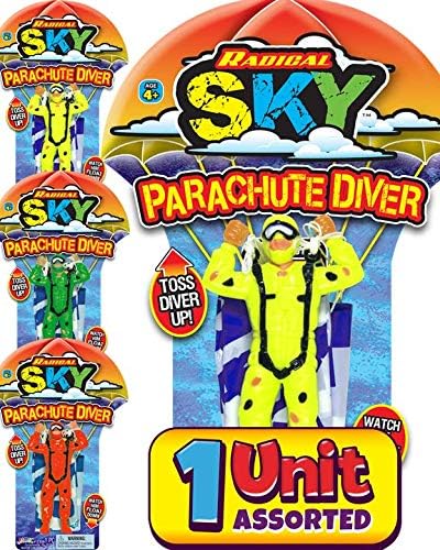 JA-RU sky diving action figure toy with the expanded yellow parachute canopy mid-air.