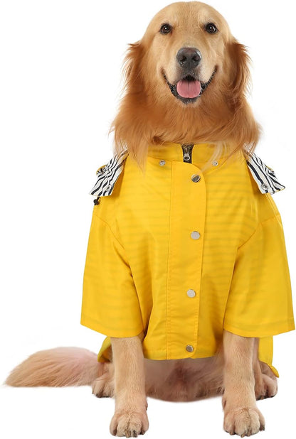 HDE dog rain jacket back view highlighting the built-in leash hole and reflective safety panels.