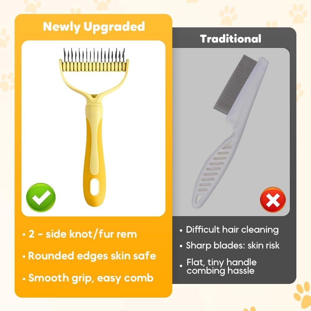 Nine teeth side of the pet dematting tool removing stubborn knots from long hair.