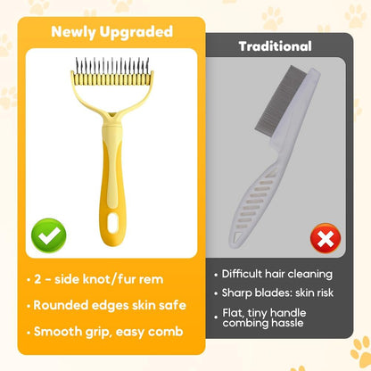 Nine teeth side of the pet dematting tool removing stubborn knots from long hair.