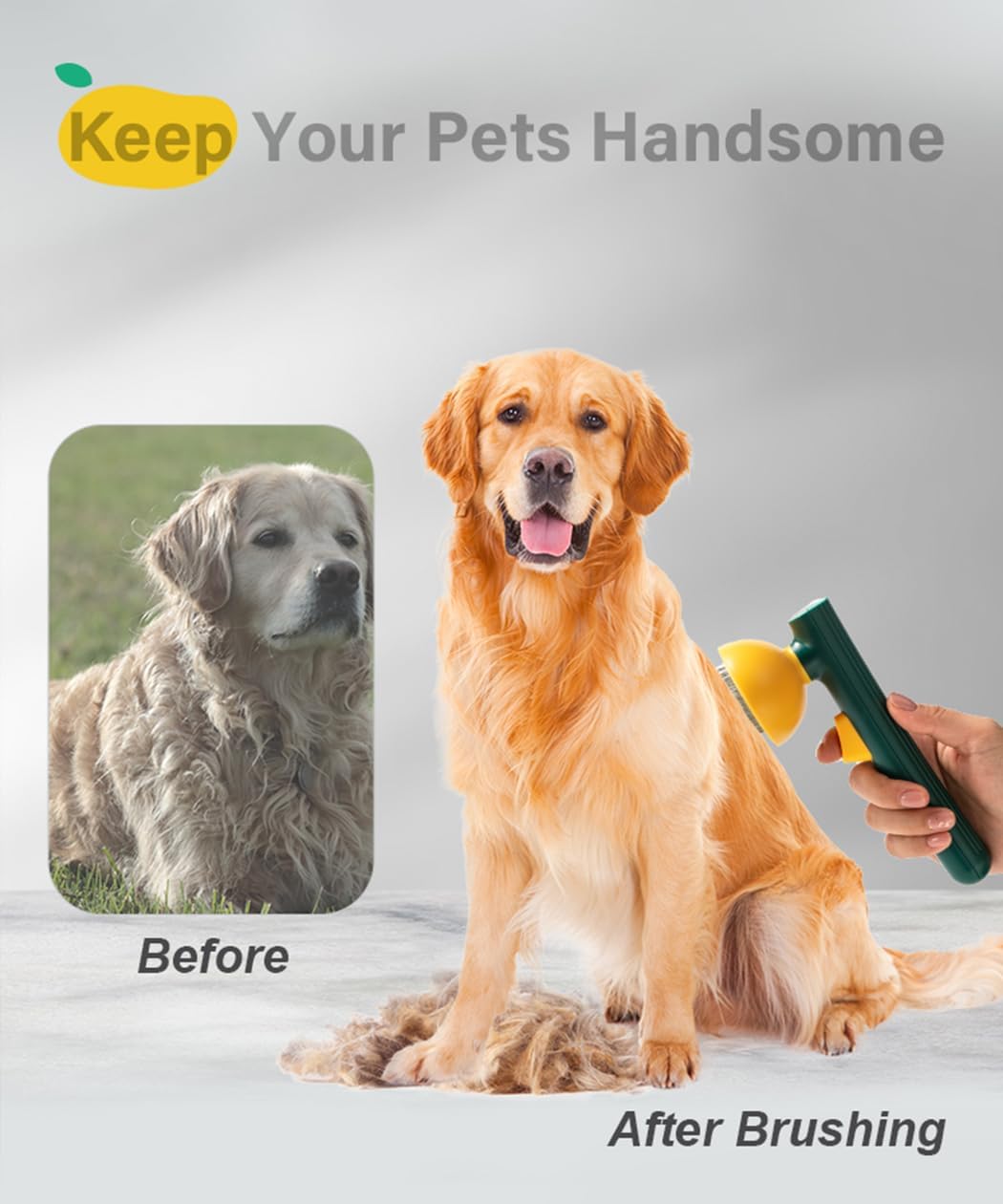 A cake of separated pet hair being wiped off the face of the yellow mango pet brush.