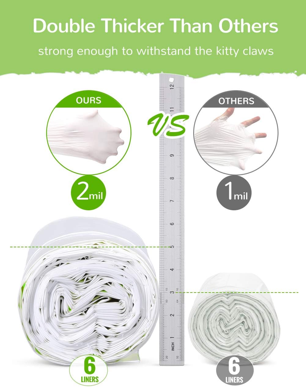 Close-up view of durable green drawstring handles on litter liner