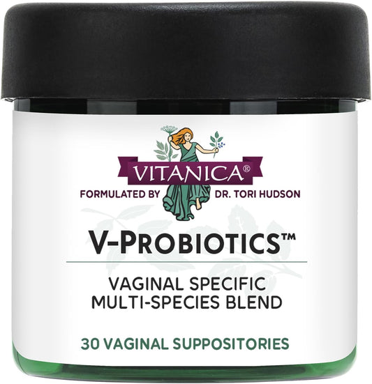 Vitanica V-Probiotics vaginal suppositories front view packaging