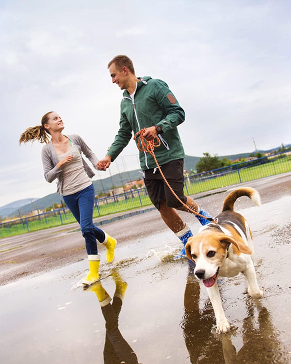 Orange long rope leash for large dogs outdoor backyard training scenario.
