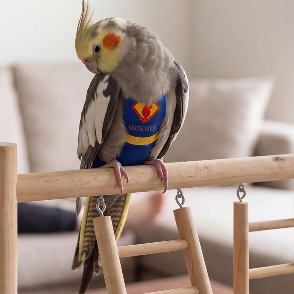 Parrot Flight Suit Diaper (Without Leash) - Reusable Bird Diaper for Budgies, Lovebirds, Cockatiels, and More - Fabric Bird Suit (Blue Superman-M) - Image 7