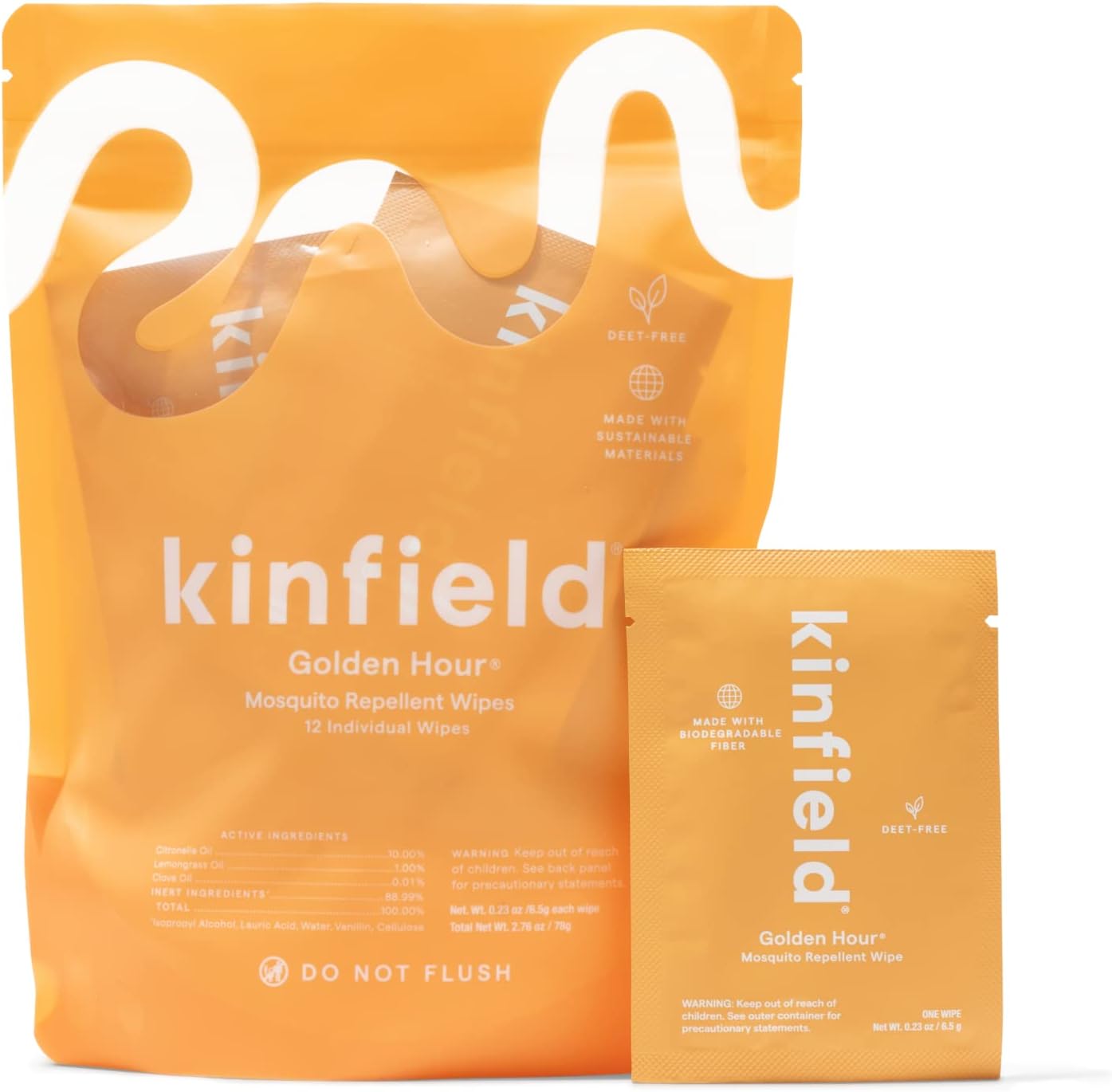 Kinfield Golden Hour Wipes package front view showing the natural insect repellent packaging