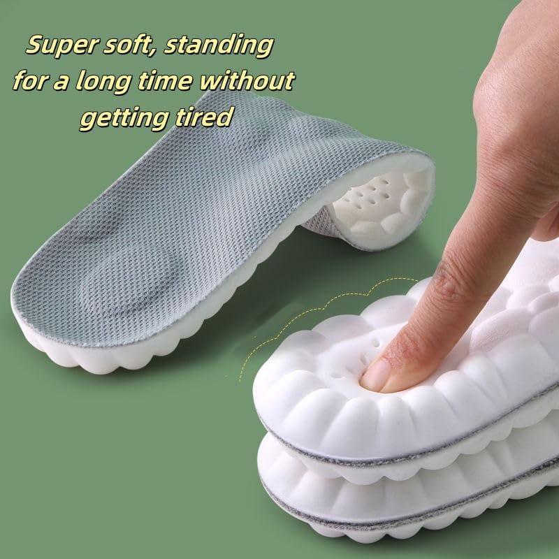 Underside view of 4D shoe inserts showing the contoured U-shaped heel and gel placement.
