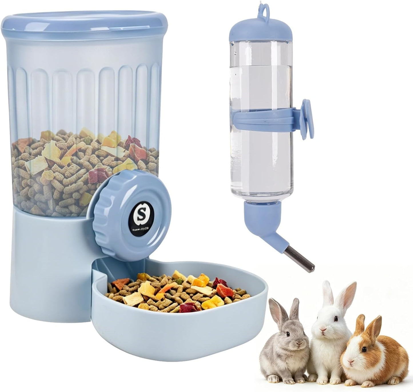 Sangle Sopffy Rabbit Feeder and Water Dispenser Set, Gravity Food Bowl with Water Bottle for Cage, Small Animal Feeding Station for Bunny, Guinea Pig, Chinchilla, Ferret, Hedgehog, Blue 2-Piece Set - Image 1