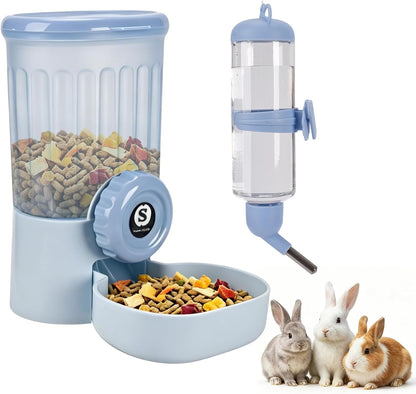 Sangle Sopffy Rabbit Feeder and Water Dispenser Set, Gravity Food Bowl with Water Bottle for Cage, Small Animal Feeding Station for Bunny, Guinea Pig, Chinchilla, Ferret, Hedgehog, Blue 2-Piece Set - Image 1